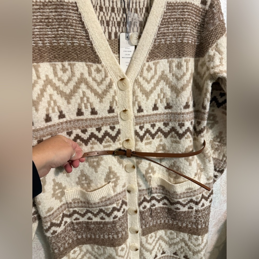 Olive & Oak Brown and Cream Geometric Sweater Dress With Belt, Sz XL - Picture 2 of 10